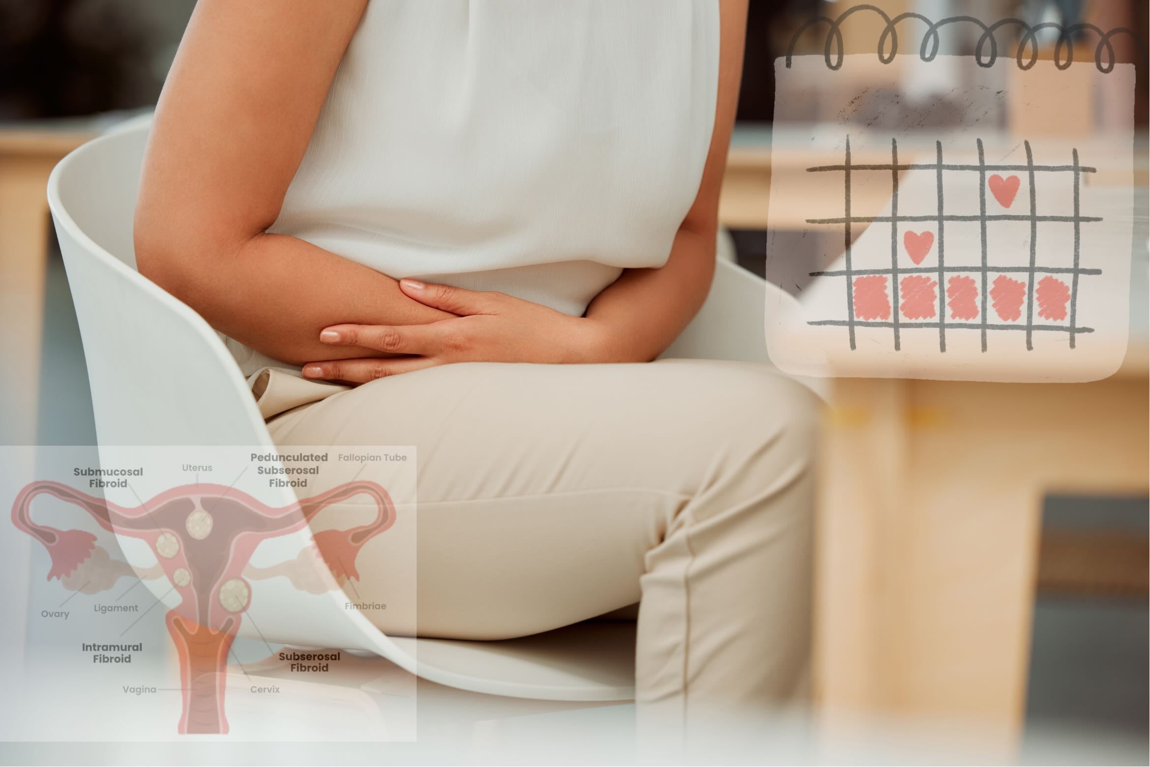 Woman thinking about heavy periods and possible uterine fibroid symptoms