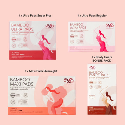 Four product package cards arranged on a pale pink background: Bamboo Ultra Pads Super Plus, Bamboo Ultra Pads Regular, Bamboo Maxi Pads Overnight, and Bamboo Panty Liners Bonus Pack. The cards show the same illustrated woman in coral and white packaging with red accents and text indicating pads and panty liners.